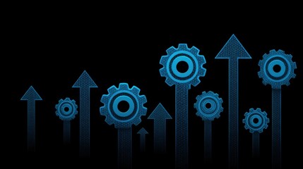 Abstract representation of technology with blue gears and arrows indicating growth, progress, and development against a black background