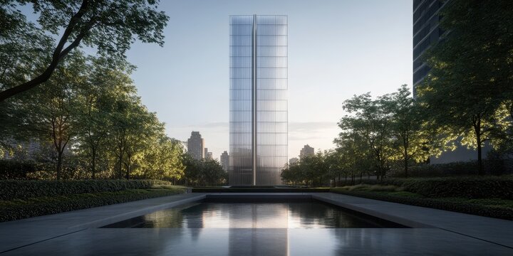 Modern skyscraper with reflective pond in urban park setting