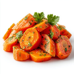 A pile of sliced carrots with green herbs on a white surface in a close up studio shot image view