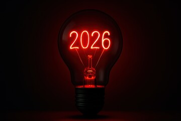 Illuminating the year 2026 with a glowing red lightbulb against a deep, dark backdrop, creating a striking contrast that captures attention, emphasizing new year, future, or a concept of...
