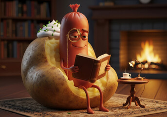 A funny cartoon sausage wearing a monocle sits in a baked potato reading a book by a fireplace, with whipped cream on top