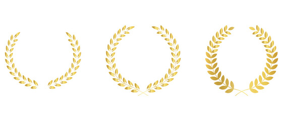 Set of golden silhouette circular laurel foliate. Laurel wreath set. Silhouette vintage laurel wreaths collection. Greek olive branch award. Vector illustration.