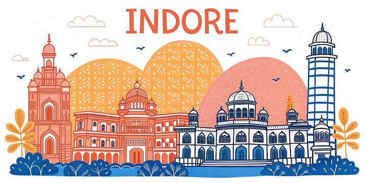 Indore Skyline Illustration: Ultra-Detailed Sketch for Tourism Promotion Featuring Cultural Landmarks
