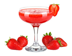Strawberry daiquiri cocktail drink with garnishes, isolated on white, refreshing summer beverage