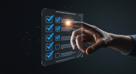 Hand Interacting with Digital Checklist on Dark Background