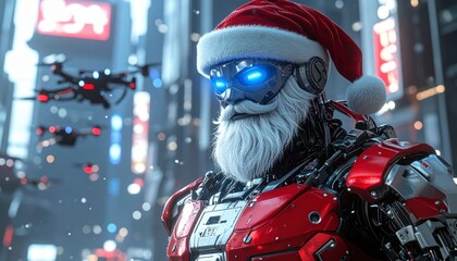 Christmas robot celebration in futuristic city digital art urban landscape sci-fi environment