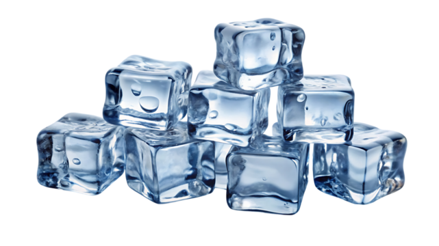A stack of transparent ice cubes isolated on transparent background, their crystalline structure shimmering, creating a refreshing and cool visual experience