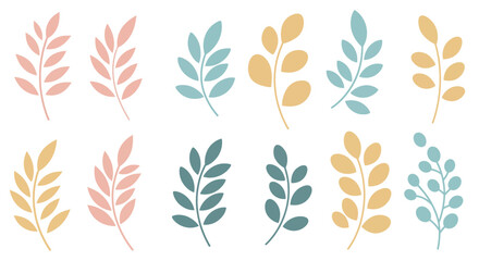 Flat botanical vector set, different leaf and branch shapes, pastel colors, isolated on white background