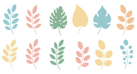 Flat botanical vector set, different leaf and branch shapes, pastel colors, isolated on white background