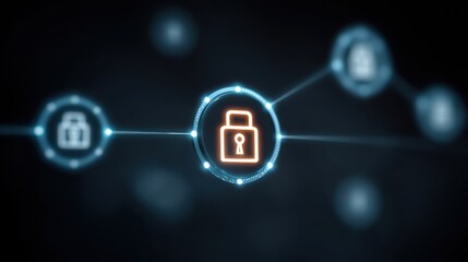 Futuristic digital security concept showcasing interconnected locks and data protection symbols on a dark background with glowing elements