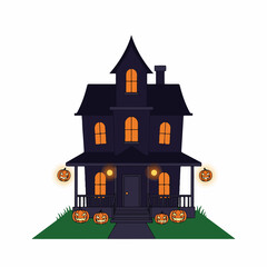 Flat Style Spooky House Illustration with Pumpkins for Halloween Decoration