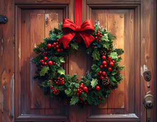Festive Christmas Holiday Wreath with Red Bow on a Wooden Door.