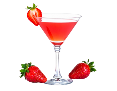 Strawberry martini cocktail in a martini glass, isolated on white, sophisticated drink