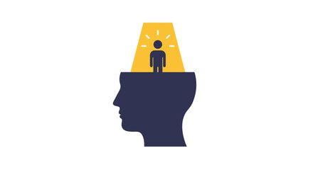 Person standing inside head silhouette with light beam, symbol of innovation and vision, flat vector, white background