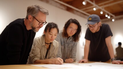 Group of diverse individuals collaborating on an art project with focus on drawing and creative brainstorming in a contemporary gallery setting