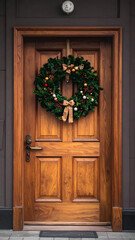 Festive Christmas Wreath Adorning a Rustic Wooden Door.