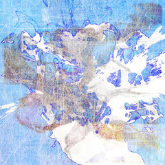 Naklejka premium Cool aquatic blues dominate, broken by charcoal eddies and graphite grids that drift like nets through shallow water. Loops of cobalt arc across milky whites; in the lower band a pale border
