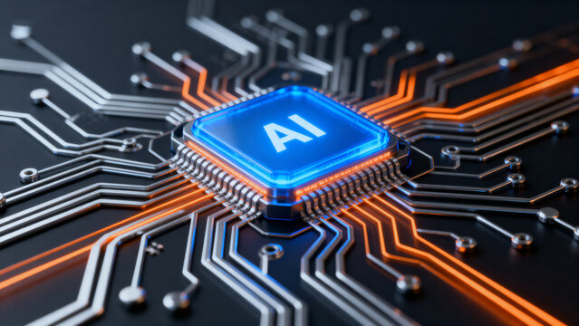 AI chip with glowing circuitry - Powered by Adobe