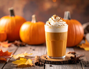 Delicious pumpkin spice latte with whipped cream on a rustic autumn table.