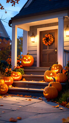Spooky Halloween Pumpkins Illuminate a Welcoming Porch at Dusk.