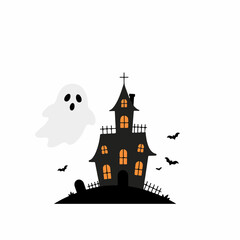 Flat Spooky Haunted Mansion with Ghost and Bats for Halloween Illustration