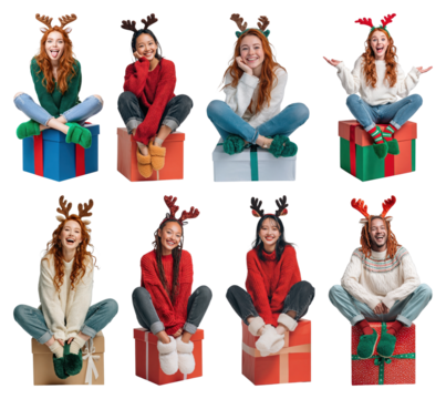PNG Joyful women on Christmas presents, element set on transparent background