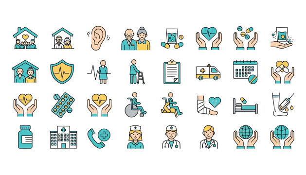 Vector art of collection of healthcare and medical icons representing senior care, hospital, ambulance, doctor, nurse, and patient assistance