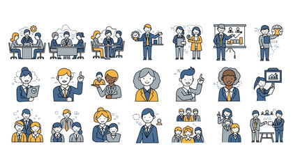 Vector art of collection of diverse business people in various professional settings, illustrating teamwork, meetings, and presentations