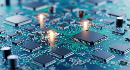 A complex electronic circuit board with multiple components and chips.