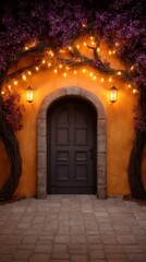 Halloween concept. Charming entrance with warm lights and textured walls.