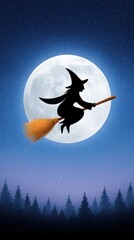 Halloween concept. Silhouette of a witch flying on a broom across a full moon.