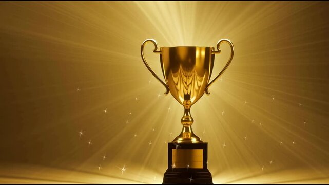 Gold luxury trophy shining in spotlight.Victory and goal success concepts