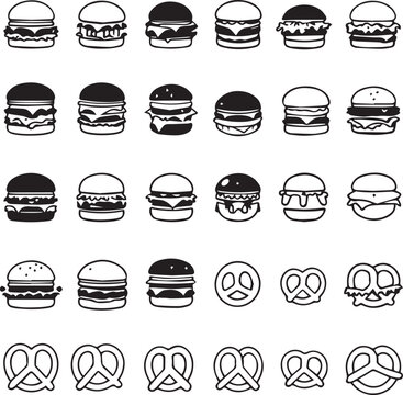 Burger and pretzel icon grid with stylized fast food variations in black silhouette snack design