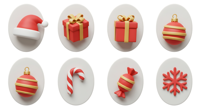 Collection of christmas ornaments and decorations isolated on transparent background