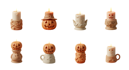 Collection of halloween themed carved candles isolated on transparent background