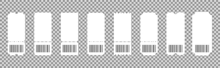 Tickets mockup for cinema. Set of tickets template of different forms. Coupon icons on white background.