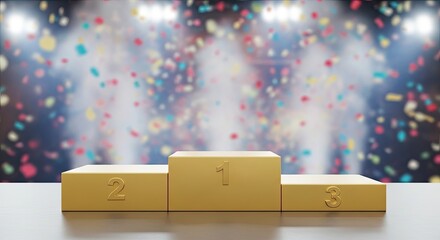 A gold podium with numbers 1, 2, and 3 on it, with confetti falling in the background.