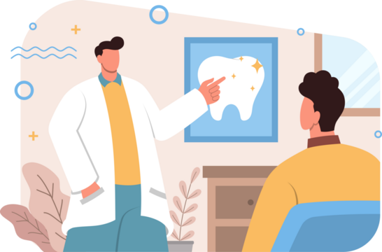 Dentist Explaining Tooth Cavity to Patient in Light Cream Background Illustration