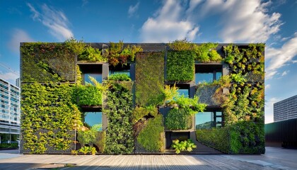 vertical garden wall merging with modern architecture featuring sharp lines and geometric compositions in an urban context