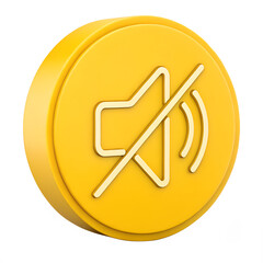 Yellow 3d mute speaker icon with a diagonal line through it indicating silence isolated on transparent background