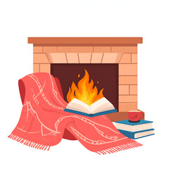 Cozy reading nook with a magical burning book by the fireplace.