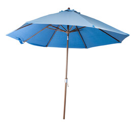 Open blue beach umbrella with metal pole casting shadow on a clear day outdoor scene