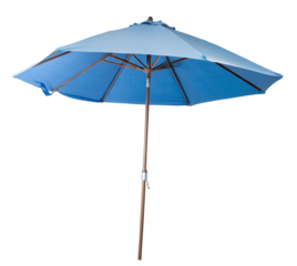 Open blue beach umbrella with metal pole casting shadow on a clear day outdoor scene
