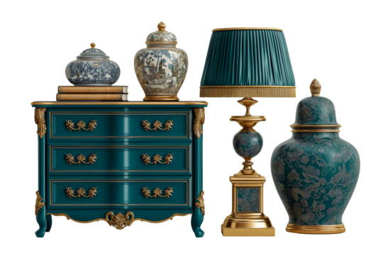 Teal and gold furniture collection, ornate dresser chinoiserie ginger jars decorative table lamp and antique books on transparent background for interior design.