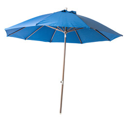 Open blue patio umbrella with metal pole for outdoor shade and protection