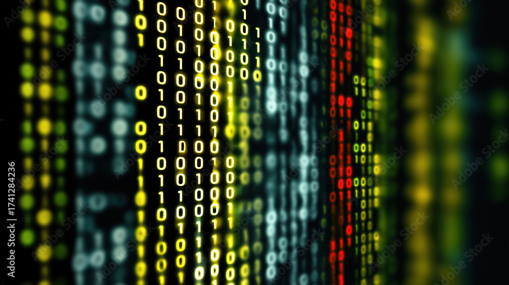 Wall mural futuristic binary code grid on dark digital background abstract technology data stream cyber network