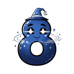 3d icon of magical blue number 8 character with a wizard hat and starry eyes, surrounded by swirling rings, isolated on transparent background