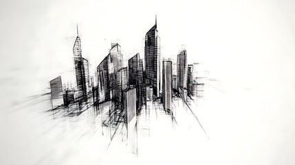 Fototapeta premium Urban skyline in pencil art style, Minimalist sketch of modern city skyline, Abstract cityscape illustration in black and white, Hand-drawn modern metropolis silhouette white background