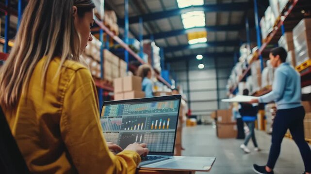 woman manages inventory on laptop in warehouse, role of technology and analytics in streamlining logistics, shipping, and stock control in modern industrial settings 4k