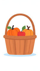 Autumn harvest basket with ripe pumpkins and a red apple.